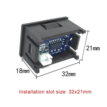 Compact Portable Digital Voltage Meter for Everyday DC Checks in 32x21mm black plastic panel mount with LED display and connector
