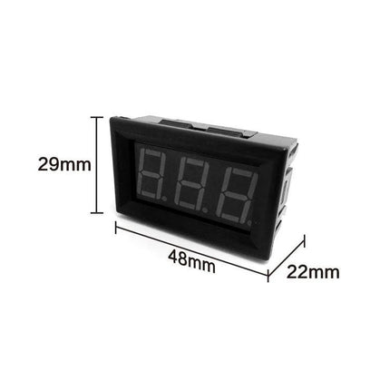 Compact Digital Voltage Meter for Everyday Electronics Checking compact LED panel meter showing dimensions 48x29x22mm for DIY battery and power testing