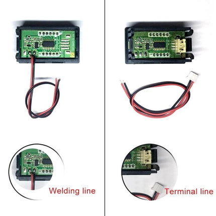 Compact Digital Voltage Meter for Everyday Electronics Checking — compact PCB module with red black lead and terminal connector for DC voltage testing