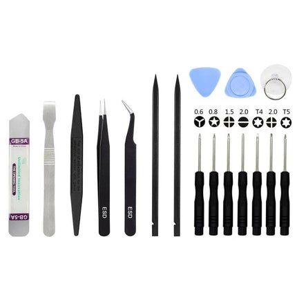 JIAFA 17-in-1 Professional Tool Set for Smartphone Repair and Maintenance showing precision screwdrivers, tweezers, pry tools and picks for phone repairs