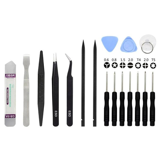 JIAFA 17-in-1 Professional Tool Set for Smartphone Repair and Maintenance showing screwdrivers, tweezers, pry tools and picks for phone screen and battery repairs