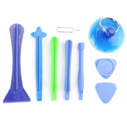 JF-CR01 14-in-1 Crowbar Tool Kit for Repair and Disassembly - assorted blue and green plastic pry tools, suction cup and SIM eject pin for electronics