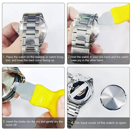2 in 1 Watch Back Cover Opener Tool for Easy Repairs showing pry blade removing watch back and opened case