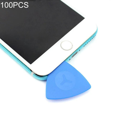 JIAFA 100-Piece Plastic Triangle Opening Picks for Phone Repair placed between phone frame and screen to gently pry open device