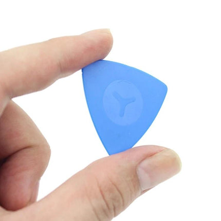 JIAFA 100-Piece Plastic Triangle Opening Picks for Phone Repair blue pick held between fingers for prying screens