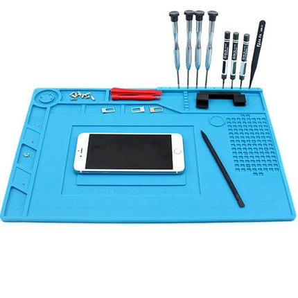 JIAFA Heat-Resistant Silicone Mat for Electronics Repair with organized compartments holding phone, screwdrivers and small parts