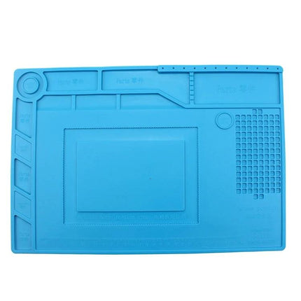 JIAFA Heat-Resistant Silicone Mat for Electronics Repair - blue divided work surface with component trays and heat-resistant pads