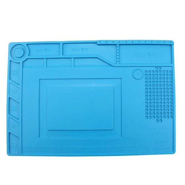 JIAFA Heat-Resistant Silicone Mat for Electronics Repair - blue divided work surface with component trays and heat-resistant pads