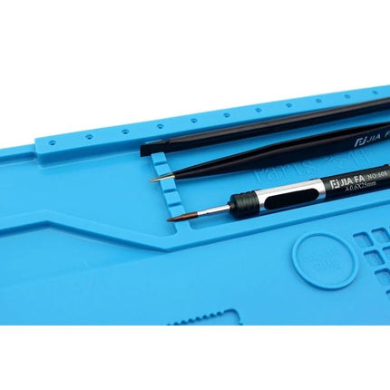 JIAFA Heat-Resistant Silicone Mat for Electronics Repair with organized tool grooves holding tweezers and screwdriver
