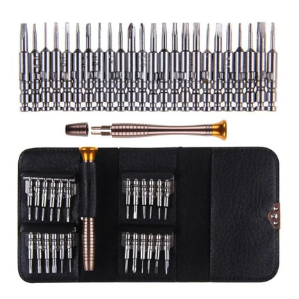 Versatile 25-in-1 Screwdriver Set for Device Repairs — ergonomic handle with 24 precision bits and compact carrying case for smartphone, watch, optics
