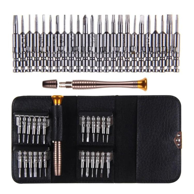Versatile 25-in-1 Screwdriver Set for Device Repairs — ergonomic handle with 24 precision bits and compact carrying case for smartphone, watch, optics
