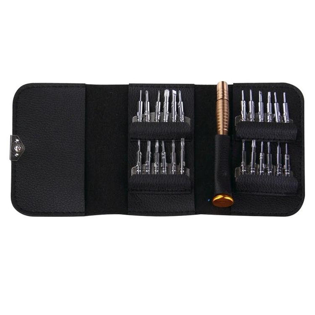 Versatile 25-in-1 Screwdriver Set for Device Repairs with ergonomic handle and 24 precision bits in compact black case