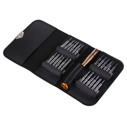 Versatile 25-in-1 Screwdriver Set for Device Repairs with ergonomic handle and 24 precision bits in a compact black storage case