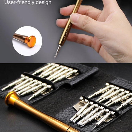 Versatile 25-in-1 Screwdriver Set for Device Repairs shown with ergonomic gold handle and 24 precision bits for smartphone, watch, and optics repair