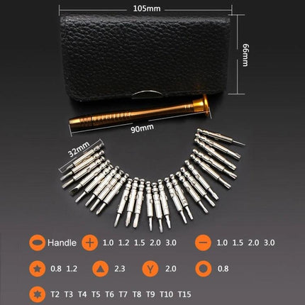 Versatile 25-in-1 Screwdriver Set for Device Repairs showing ergonomic handle, 24 bits fanned out and compact carry case, dimensions labeled