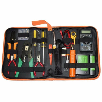 JAKEMY 16-in-1 Professional Network Cable Repair Tool Kit with crimper, stripper, tester and accessories in orange zip case