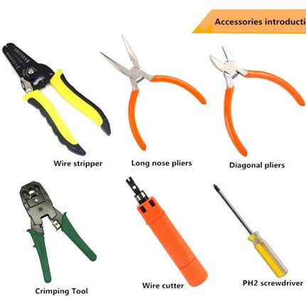 JAKEMY 16-in-1 Professional Network Cable Repair Tool Kit showing wire stripper, long nose pliers, diagonal pliers, crimping tool, wire cutter, and PH2 screwdriver