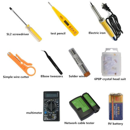 JAKEMY 16-in-1 Professional Network Cable Repair Tool Kit showing screwdriver, test pencil, soldering iron, cutter, tweezers, solder, crystal heads, multimeter, tester, 9V battery