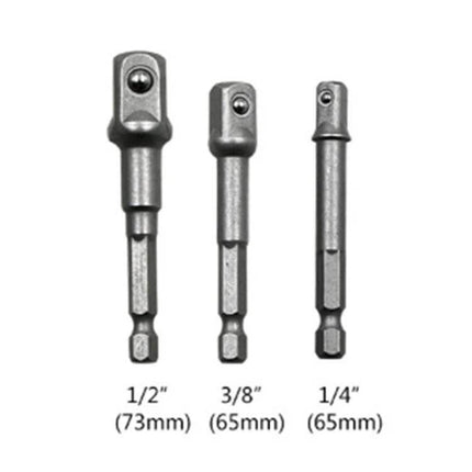 Socket Bit Extension Bar Set For Drills And Impact Drivers 65 To 73mm – three hex shank impact extensions 1/2", 3/8", 1/4" for recessed sockets