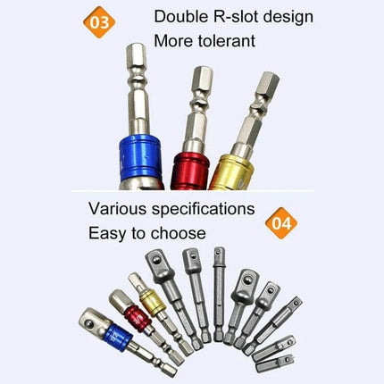 Socket Bit Extension Bar Set For Drills And Impact Drivers 65 To 73mm - assorted colored double R-slot extension adapters for tight recessed sockets