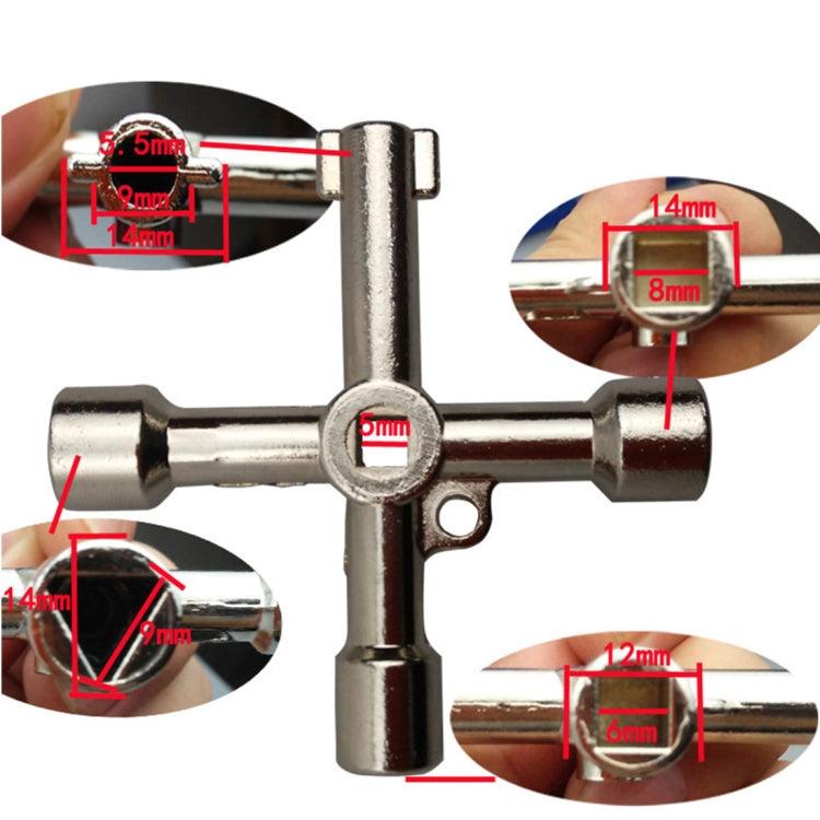 Multifunctional 4-Way Cross Key Wrench with Triangular, Square, and Circular Attachments