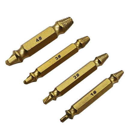 4 In 1 Screw Extractor Drill Bits Set For Stripped Screws – hardened steel four-piece set for removing damaged screws in wood, metal, electronics, auto