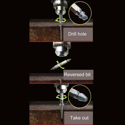 4 In 1 Screw Extractor Drill Bits Set For Stripped Screws removing a stripped screw from wood with drill and reversed extractor bit