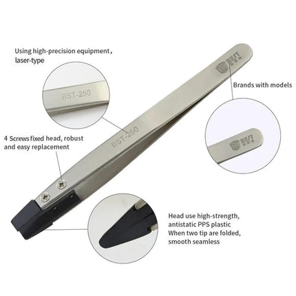 BEST Stainless Steel Anti-Static Tweezer for Everyday Precision Work - stainless steel anti-static tweezers with PPS plastic tips, model BST-250