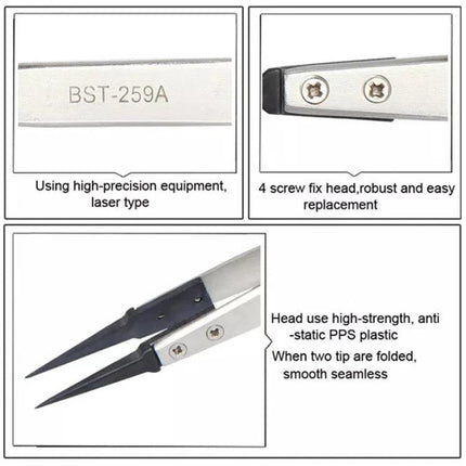 BEST Stainless Steel Anti-Static Tweezer for Precision Electronics Work, ESD PPS plastic head, BST-259A model, screw-fix replaceable tips