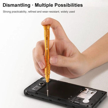 Metal Pentalobe Screwdriver for iPhone and Apple Watch Repair held over open smartphone for precise small-screw maintenance