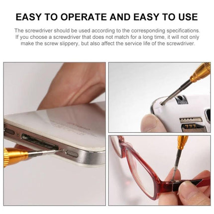 Metal Pentalobe Screwdriver for iPhone and Apple Watch Repair being used to remove small screws from an iPhone, eyeglasses and device for precise repairs