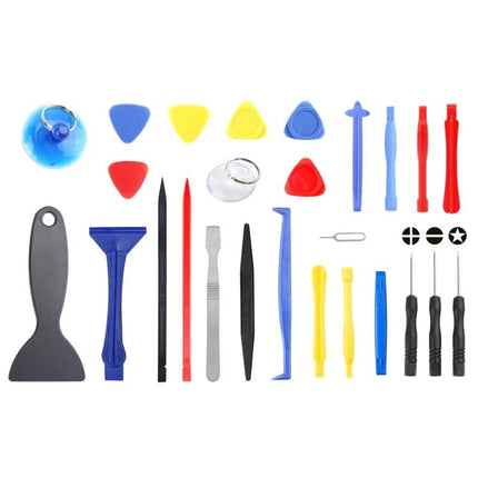 26-in-1 Crowbar and Spudger Tool Kit for Device Repair showing 26 pry tools, spudgers, screwdrivers, picks and suction cups for smartphone tablet laptop repair