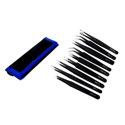Portable Metal Tweezers Tool Kit for Device Repair showing ten black precision tweezers and a black-blue storage pouch for electronics work