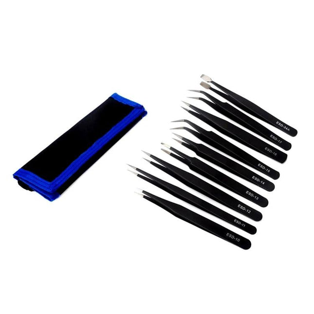 Portable Metal Tweezers Tool Kit for Device Repair showing ten black precision tweezers and a black-blue storage pouch for electronics work