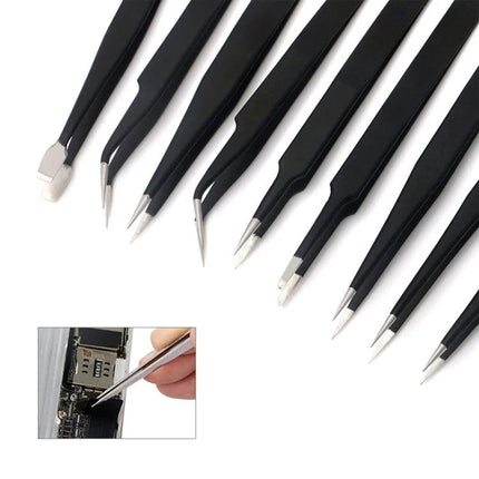 Portable Metal Tweezers Tool Kit for Device Repair - set of precision black-handled tweezers for electronics, smartphone and laptop component work