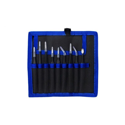Portable Metal Tweezers Tool Kit for Device Repair - set of metal precision tweezers in a blue black roll-up pouch for electronics maintenance