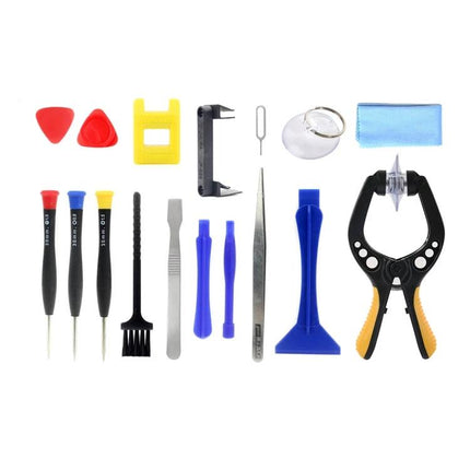 Versatile 17-in-1 Repair Tool Kit for Device Maintenance - organized electronic repair tools set with spudgers, screwdrivers, tweezers, suction cup, and clamp