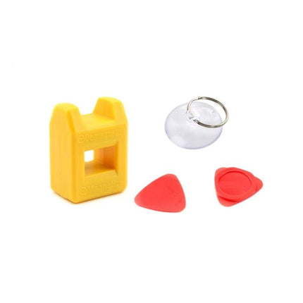 Versatile 17-in-1 Repair Tool Kit for Device Maintenance - yellow opening tool, suction cup and red picks for smartphone and tablet repairs