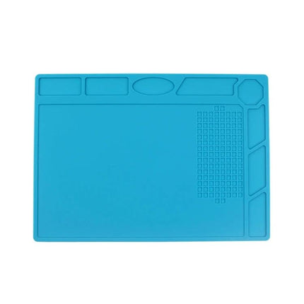 Silicone Maintenance Mat for Organized Repair Projects - blue silicone work mat with divided sections for screws, tools, and circuit boards