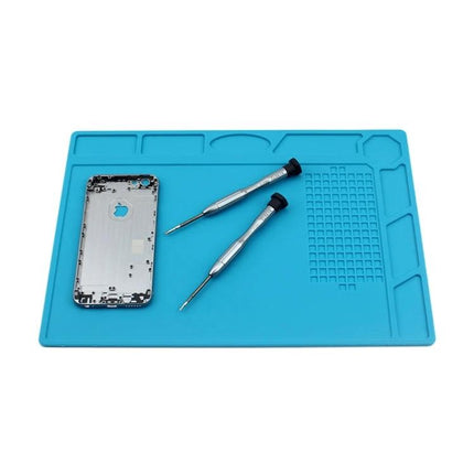 Silicone Maintenance Mat for Organized Repair Projects with phone parts and precision screwdrivers on divided sections