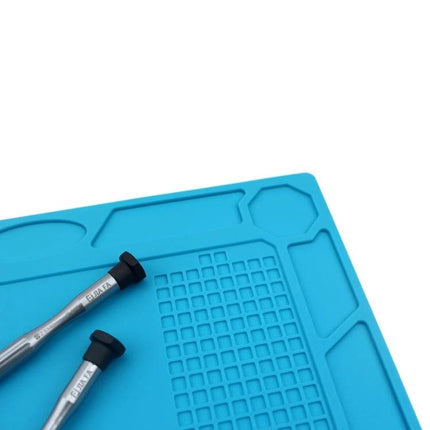 Silicone Maintenance Mat for Organized Repair Projects with divided sections holding screws tools and circuit boards