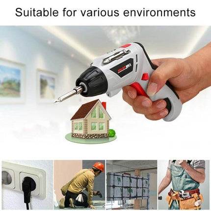 Multifunctional Household Electric Screwdriver Set For Home Tasks With US Plug in hand showing drill bit and home use scenarios