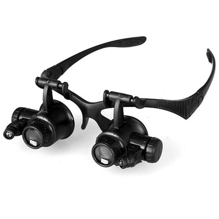 Double Eye Head Magnifier for Jewelry and Watch Repair with adjustable lenses and built-in LED lighting, black