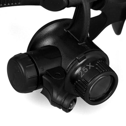 Double Eye Head Magnifier for Jewelry and Watch Repair with adjustable 25X lens and built-in LED for precision work