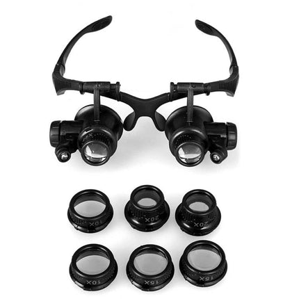 Double Eye Head Magnifier for Jewelry and Watch Repair with adjustable lenses, built-in LED lights, and six interchangeable magnification lenses