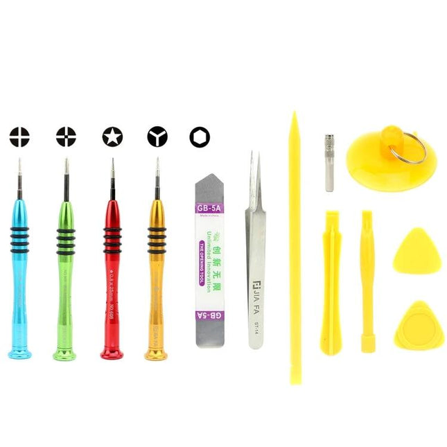 JIAFA 13-in-1 Tool Set for iPhone Repairs and Maintenance - 13-piece repair kit with screwdrivers, spudgers, tweezers, suction cup and pry tools