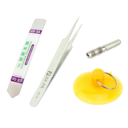 JIAFA 13-in-1 Tool Set for iPhone Repairs and Maintenance showing tweezers, suction cup, pry tool and screwdriver bit