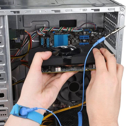 JIAFA Adjustable Anti-Static Wrist Band for Static Protection being used while installing a graphics card to prevent ESD damage