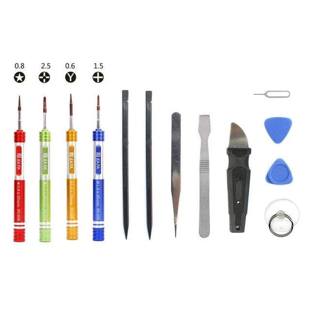JIAFA 13-in-1 Repair Tool Set for Smartphone Maintenance showing screwdrivers, pry tools, tweezers, SIM ejector and opening picks