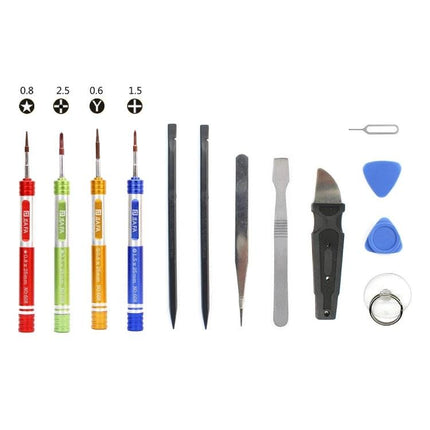 JIAFA 13-in-1 Repair Tool Set for Smartphone Maintenance showing screwdrivers, pry tools, tweezers, SIM ejector and opening picks